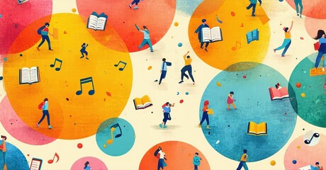 Colorful illustration depicts people surrounded by books, music notes, joyful activity. Diverse figures engage in learning, recreation.