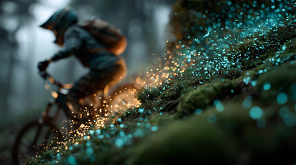Mountain biker rides through forest slope, glowing sparks and particles create dynamic atmosphere of speed adventure motion
