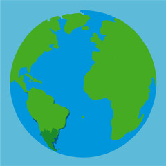 Simplified cartoon Earth vector showing North and South America, Europe, Africa, and Asia. Green continents on blue oceans for geography, environment, and educational themes.