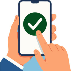 Vector illustration of hands holding smartphone with green checkmark screen. Represents approval, success, or digital confirmation for apps, transactions, and mobile UX design.