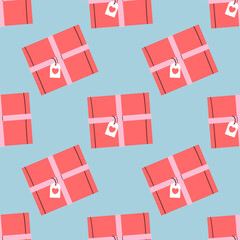 Obraz premium Gift box and heart Seamless pattern. Minimalistic Vector Pastel background. Valentines day and love , hand drawn illustration isolate on blue background .