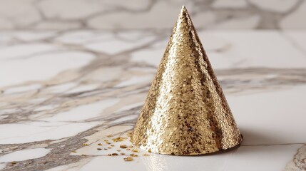 Party hat made of gold sequins sits on a marble table with scattered sequins on the surface
