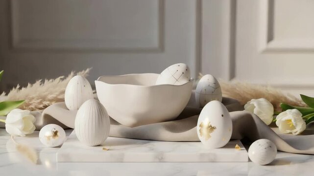 Minimalist Easter still life in soft neutral colors representing elegant spring holiday home decor with copy space