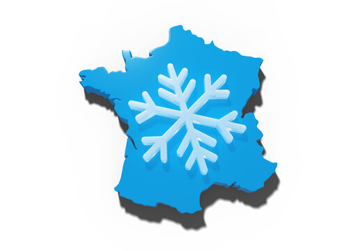carte de France recouverte d'un gros flocon de neige - rendu 3D sur fond transparent
