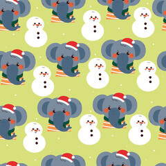 seamless pattern cute cartoon elephant with Christmas element and snowman drawing