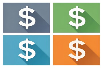 Collection of four flat design dollar sign icons displayed on distinct color blocks representing various currencies or financial concepts in modern digital graphics