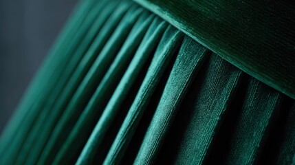 Close up of luxurious green velvet fabric showing soft texture, intricate pleats, and elegant folds, creating a rich visual background for design and fashion concepts