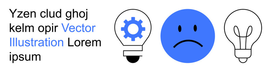 Fototapeta premium Emotional states, idea generation, problem-solving, innovation, creativity, decision-making. A sad face with light bulbs and a gear icon. Emotional states and idea generation visualization