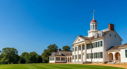 Mount Vernon House, the iconic estate of George Washington, stands under a clear sky for a historical heritage concept, perfect for celebrating his birthday