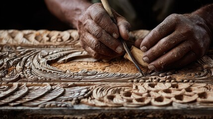 Craftsman carves intricate designs into wooden surface in workshop during daylight hours