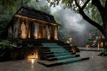 Mystical ancient temple in misty forest with glowing stairs