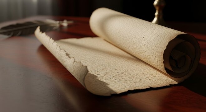 Unfurled antique colonial scroll with a quill on a rich wooden desk, symbolizing American history and the founding fathers' legacy concept for George Washington's Birthday.