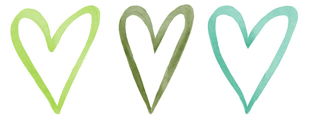 Green Heart Shape Minimalist Watercolor with Grunge Outline on Transparent Background Collection of 3
