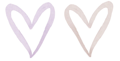 Soft Purple and Beige Heart Shape Minimalist Watercolor with Grunge Outline on Transparent Background Collection of 2
