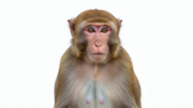 Rhesus Macaque Stares Intently on Clean White Backdrop.