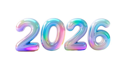 Glossy, iridescent numerals 2026 floating against a black backdrop