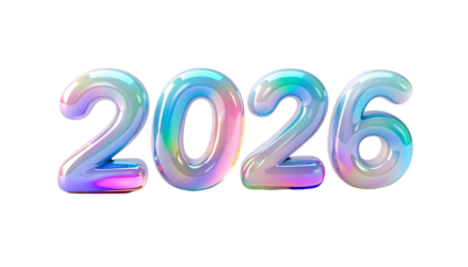 Glossy, iridescent numerals 2026 floating against a black backdrop