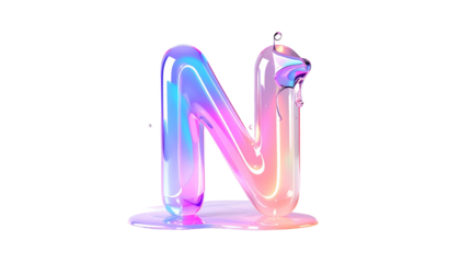 Glossy, iridescent "N" with liquid effect against a black backdrop
