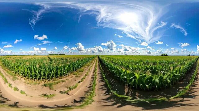 Panoramic view of a lush green cornfield under a bright blue sky with clouds.