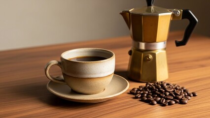 Coffee Cup and Beans on Wooden Table.