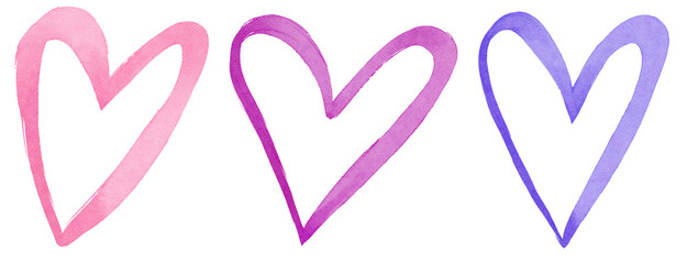 Pink and Purple Heart Shape Minimalist Watercolor with Grunge Outline on Transparent Background Collection of 3