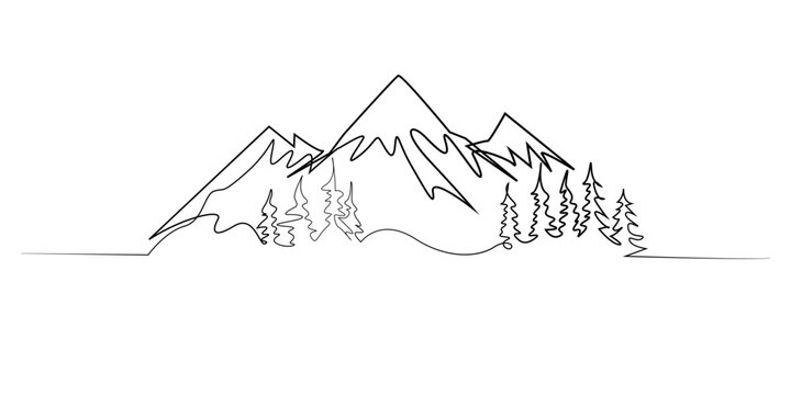 Hand drawn line illustration of mountain and pine trees landscape, drawn in a continuous single line style for minimal nature, outdoor, and abstract line art concepts.