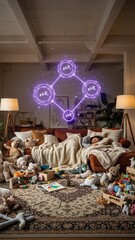 Exhausted Parent Sleeping amidst Organized Chaos in Stylish Loft Playroom with Futuristic Deep Sleep Holographic Constellation