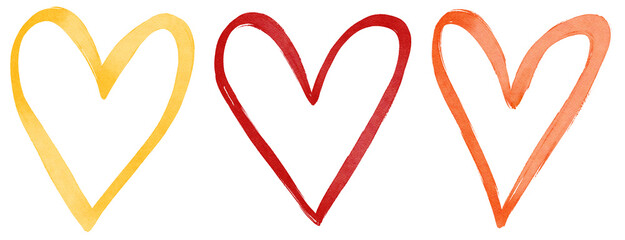 Red Yellow Orange Heart Shape Minimalist Watercolor with Grunge Outline on Transparent Background Collection of 3