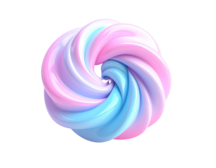 Glossy, swirled abstract form in pastel blue, pink, and white against black