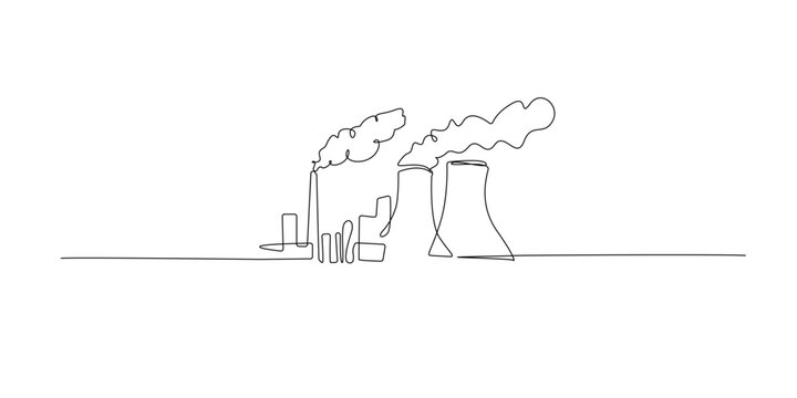 Hand drawn line illustration of an industrial factory with cooling towers and chimneys emitting smoke, drawn in a continuous single line style for industry, energy, and environment concepts.