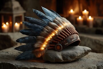 Glowing Native American headdress on stone with candles