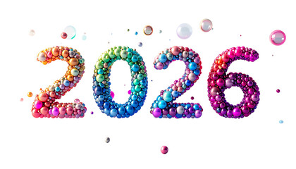 Colorful "2026" made of spheres, floating against a stark black backdrop