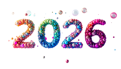 Colorful "2026" made of spheres, floating against a stark black backdrop
