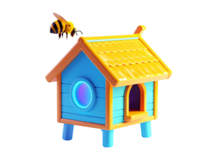 3D animated blue bee house with a bee flying nearby on black background