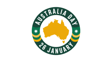Australia Day emblem with map of Australia in green and yellow circular badge with ribbon in patriotic design for national celebration