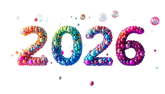 Colorful "2026" made of spheres, floating against a stark black backdrop - Powered by Adobe
