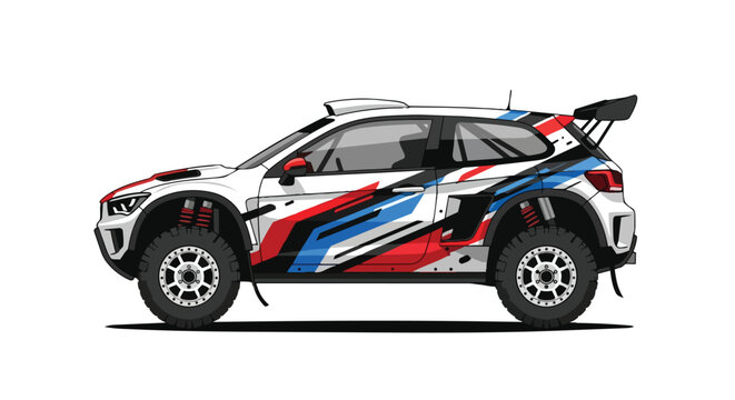 Modern rally car illustration with dynamic red and blue livery, isolated on white background