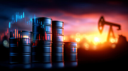 Black oil barrels and pumpjack, digital stock market graph overlay, sunset display visualization, petroleum commodity concept, financial energy representation, trading market aesth