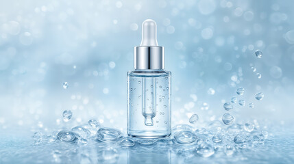 Glass bottle with dropper in clear water against blue background