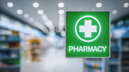 Green pharmacy sign hanging in a shop with blurred background