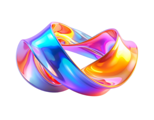 Twisted, glossy, colorful ribbon-like form against a stark black backdrop