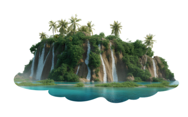 Dramatic cliff island with many vertical cascades into misty azure water cloud cutout