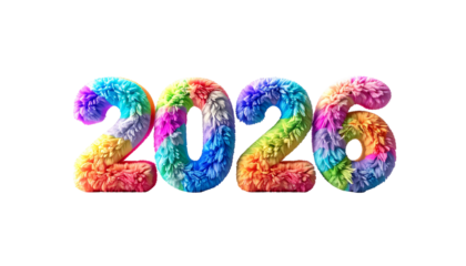 Colorful, fluffy numbers forming "2026" on a black background