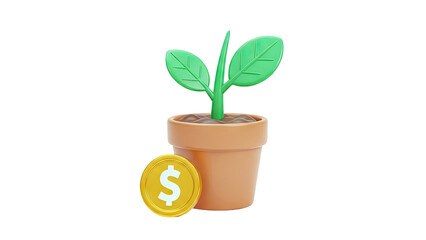 3D Render of Sprout in Pot with Dollar Coin