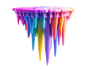 A floating, colorful platform with dripping, rainbow-hued icicles