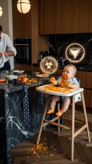 Candid Luxury Kitchen Scene: Parent Cleaning Carrot-Covered Baby amidst Marble Splatter with Futuristic AR Biohazard and Tornado Holograms