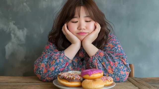 Asian plus-size woman stares at a platter of doughnuts, appearing exhausted.