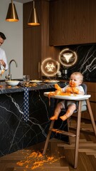 Candid Luxury Kitchen Scene: Parent Cleaning Carrot-Covered Baby amidst Marble Splatter with Futuristic AR Biohazard and Tornado Holograms