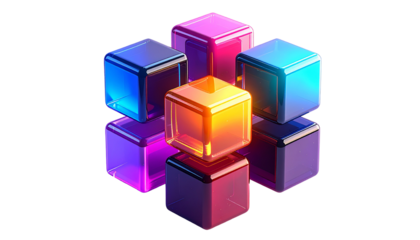 Rendered colorful translucent cubes in a 3D geometric arrangement