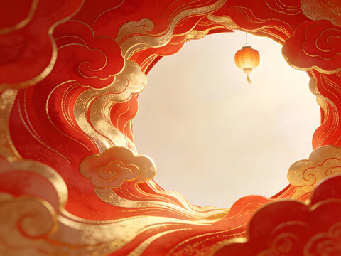 Traditional Chinese New Year background with a circular frame of red and gold auspicious clouds and a glowing lantern, perfect for festive greetings and celebrations.